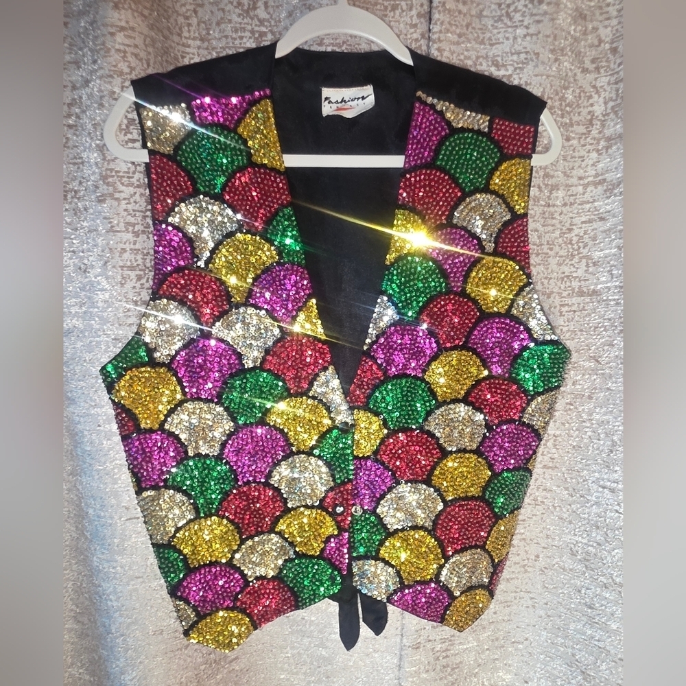 Vibrant Sequin Vest with Black Trim
